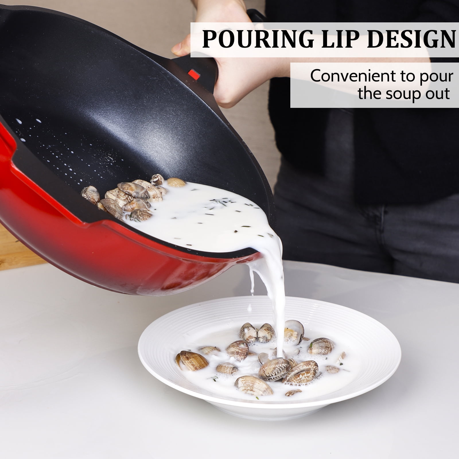 Nonstick Deep Frying Pan with Lid and Silicone Clamp, 11" Non Stick Stir-Fry and Wok Pan Kitchen Cookware Red Skillet for Gas, Induction, Electric, Halogen Flat Stoves