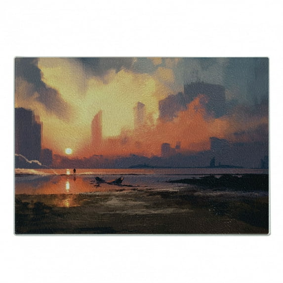 Fantasy World Cutting Board, Man on Sandy Beach with City Skyscrapers Skyline Sunset Oil Paint Graphic, Decorative Tempered Glass Cutting and Serving Board, Small Size, Orange Blue, by Ambesonne