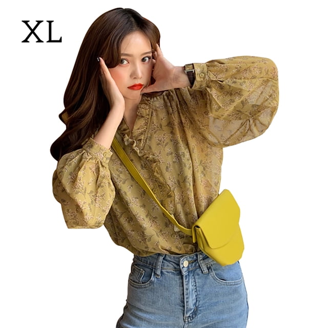 Camisa de mujer Blusa de gasa con estampado floral Top casual de manga larga abullonada, Amarillo, XL Yuarrent AP001298-04B