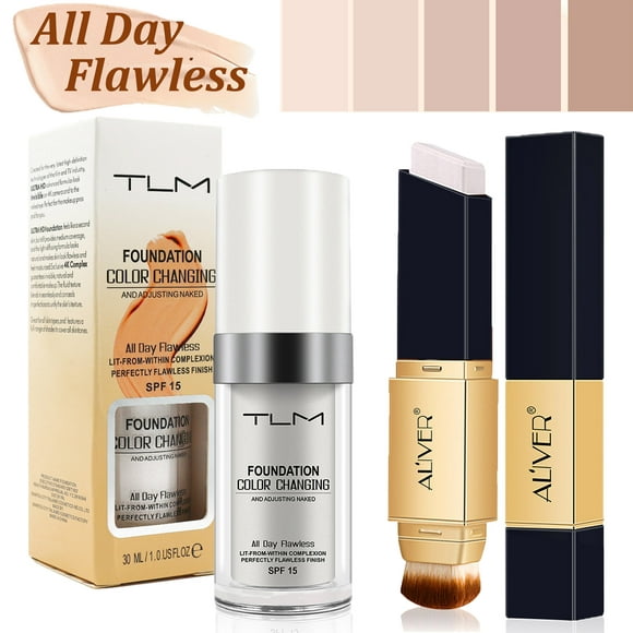 (2 Pack) TLM Color Changing Liquid Foundation + Aliver Concealer Stick,Flawless Makeup Base Concealer Cover SPF15