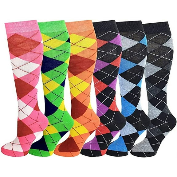 6 Pairs Fancy Argyle Design Knee High Socks For Women
