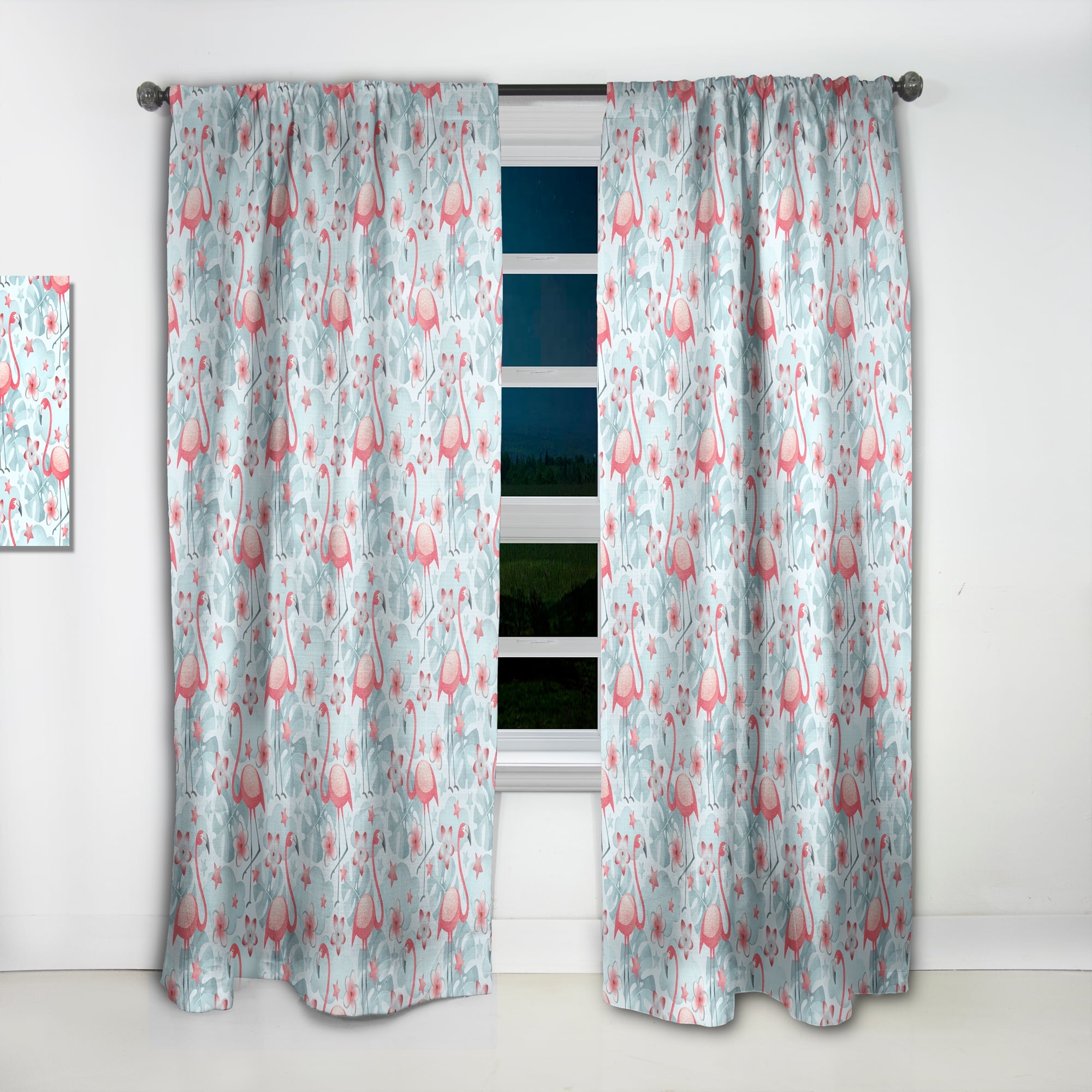 Designart 'Tropical Botanicals, Flamingo and Flowers III' Mid-Century Modern Curtain Panel