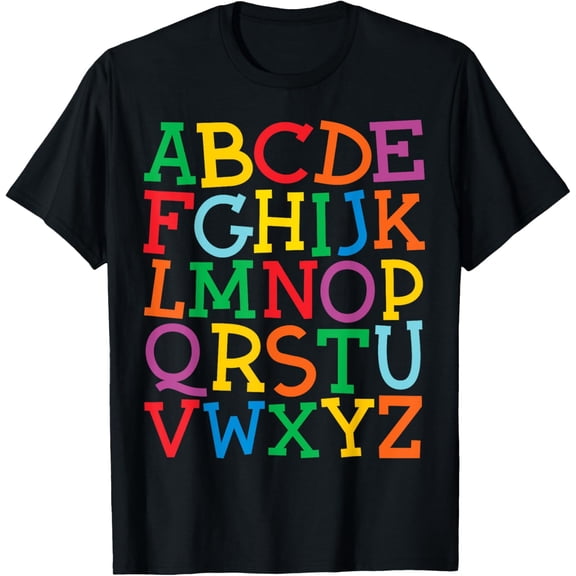 Colorful Uppercase Letters Alphabet learn ABCs boy girl kids T-Shirt men and women can wear, black, white, gifts