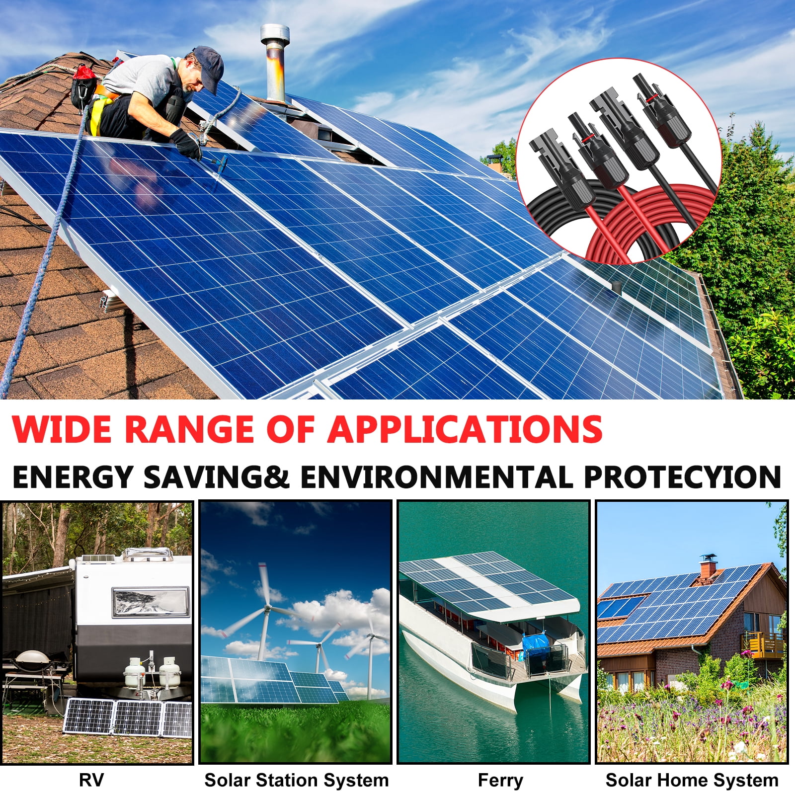 Solar Panel Extension Cable 30FT 10AWG, 6mm² Solar Extension Cable Wire with Female Male Waterproof Connectors for RV, Photovoltaic Systems
