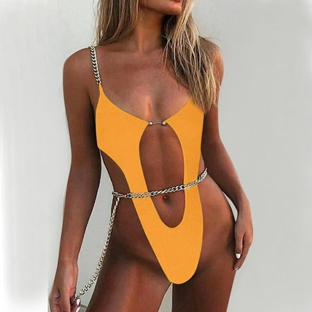 Awdenio Women Swimsuits Swimsuits Deep V Neck Bodysuit Cut Out One Piece Bathing Suit Chain Linked Swimwear