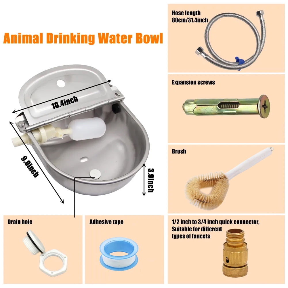 Automatic Animal Drinking Water Bowl with Float Valve and Drainage Hole, 304 Stainless Steel Livestock Dispenser Waterer Kits Included Water Hose, 3/4''Adaptor, Float Valves Mounting Bolts