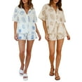 thumbnail image 3 of Yunliwuli Women's 2 Piece Beach Outfits Short Sleeve Lapel Button Shell Print Shirt Wide Leg Shorts Sets, 3 of 9
