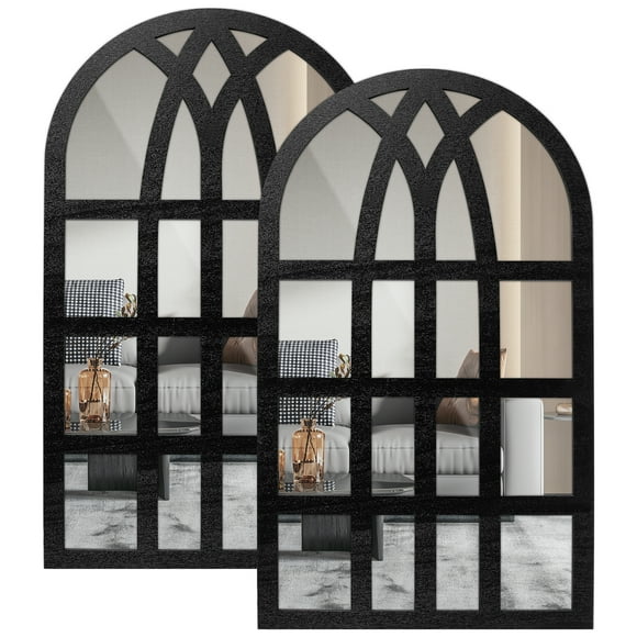 Qenwkxz 2PCS Arched Window Mirror Retro Entry Wall Mirror Decal Acrylic Rectangle Windowpane Mirror Wood Framed Mirror Wall Decor for Living Room Entryway Dining Room Bedroom 44x26cm
