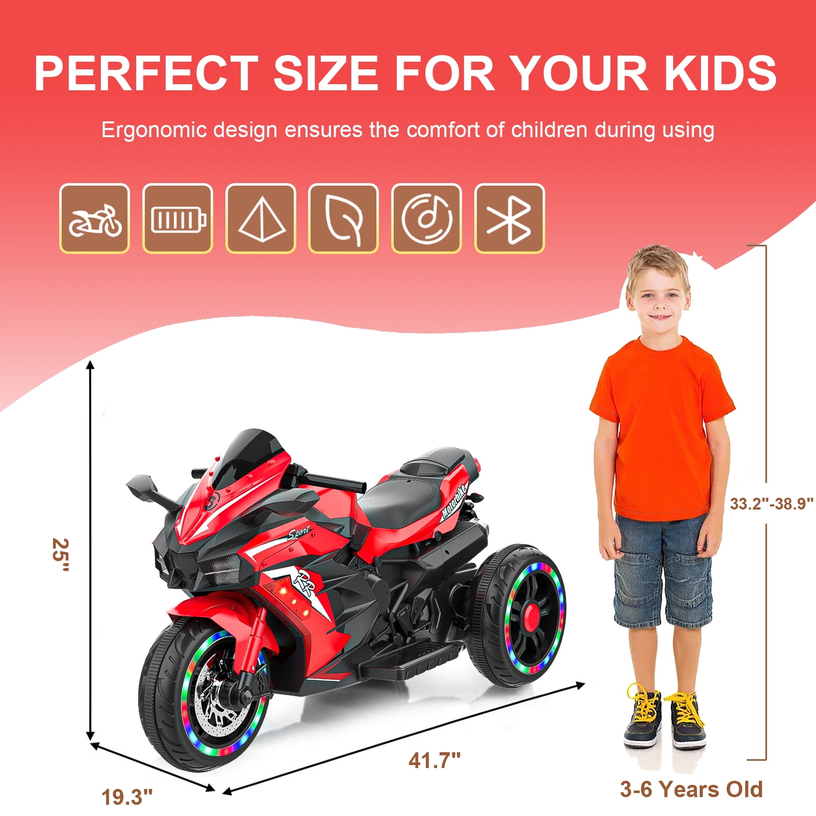 Techvida 12V Kids Ride on Motorcycle, Electric Trike Motorcycle for Boys Girls, LED Lights, Foot Pedal, Kids On Motorcycle for Boys Girls (Red)