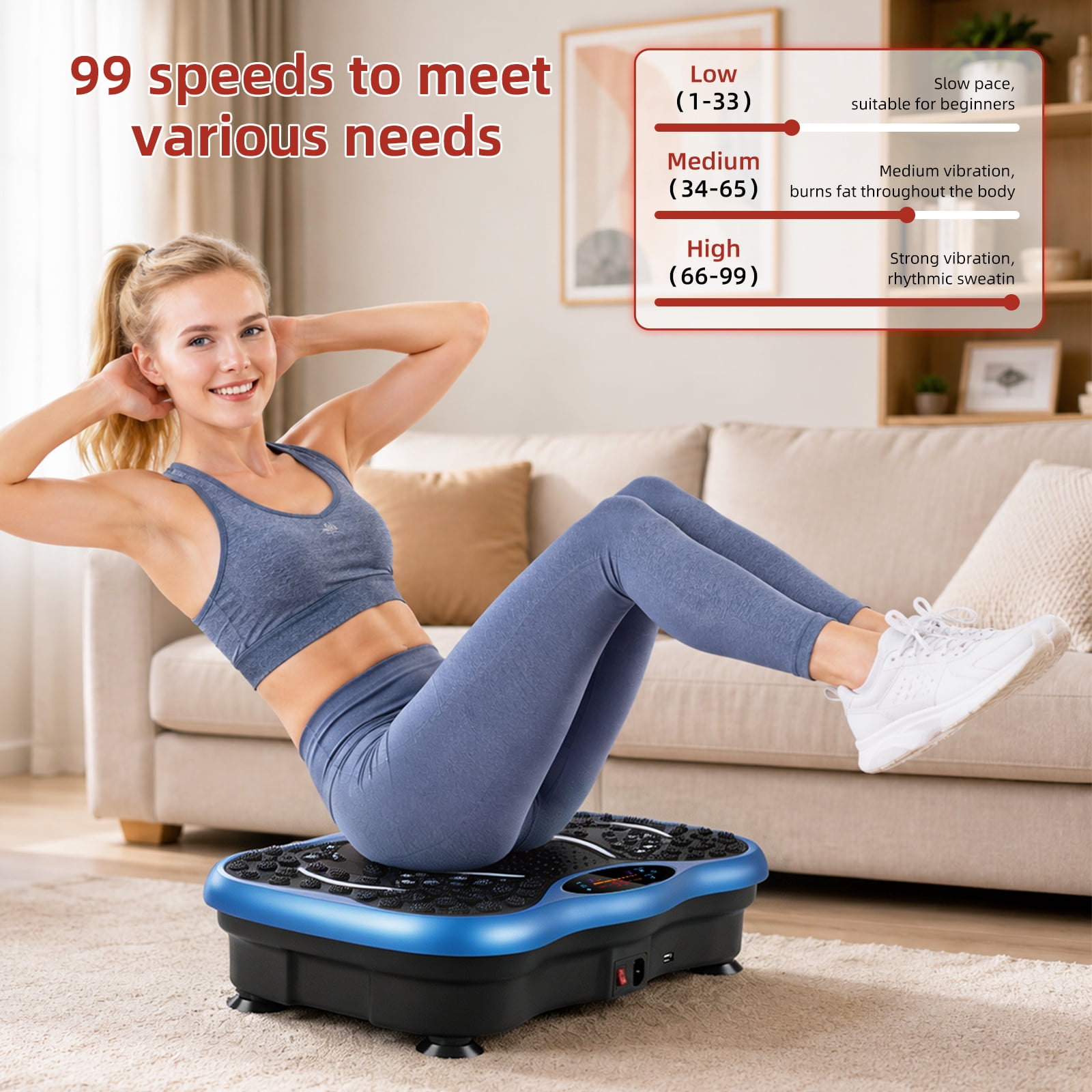 Vowella Vibration Plate Exercise Machine, Vibration Platform for Home Full Body Workout & Toning, 99 Speed Levels, 6 Modes with Bluetooth & LCD Monitor, 330 lbs Capacity, Blue