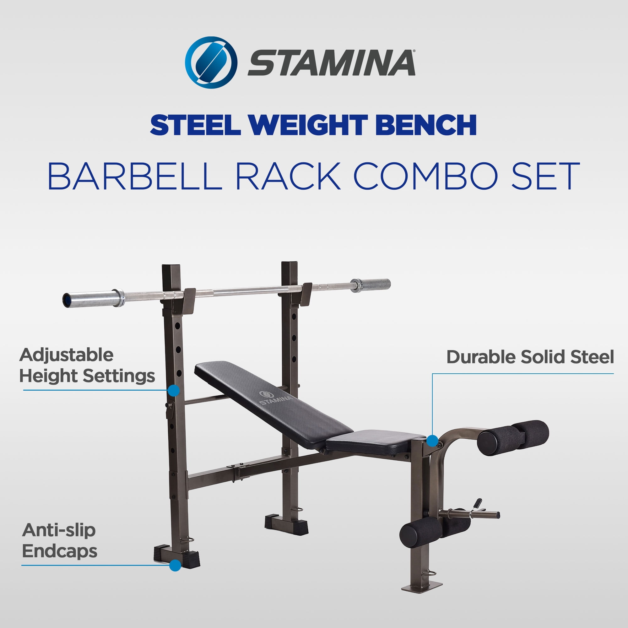 Stamina Steel Weight Bench and Barbell Rack Combo with Resistance Band Anchors, Adjustable, Black
