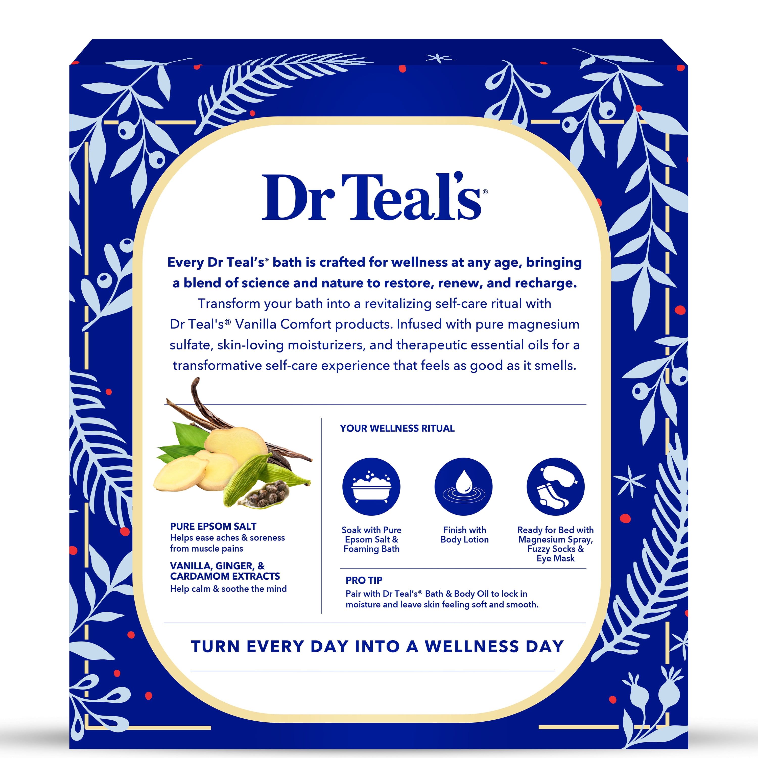 Dr Teal's Wellness Essentials Vanilla Comfort Bath & Body Gift Set with Fuzzy Socks & Eye Mask, 6 Piece