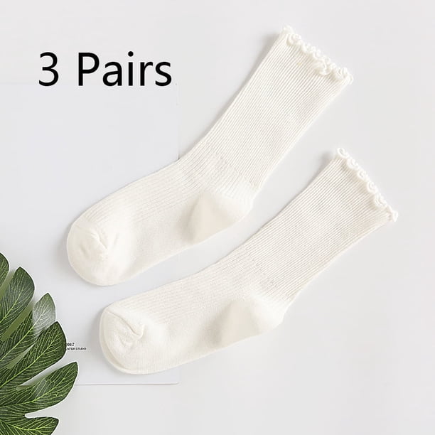 Xiao Hua Calcetines de mujer, calcetines cortos casuales con volantes, calcetines náuticos de algodón de punto transpirables y frescos con volantes, 3 pares, blancos