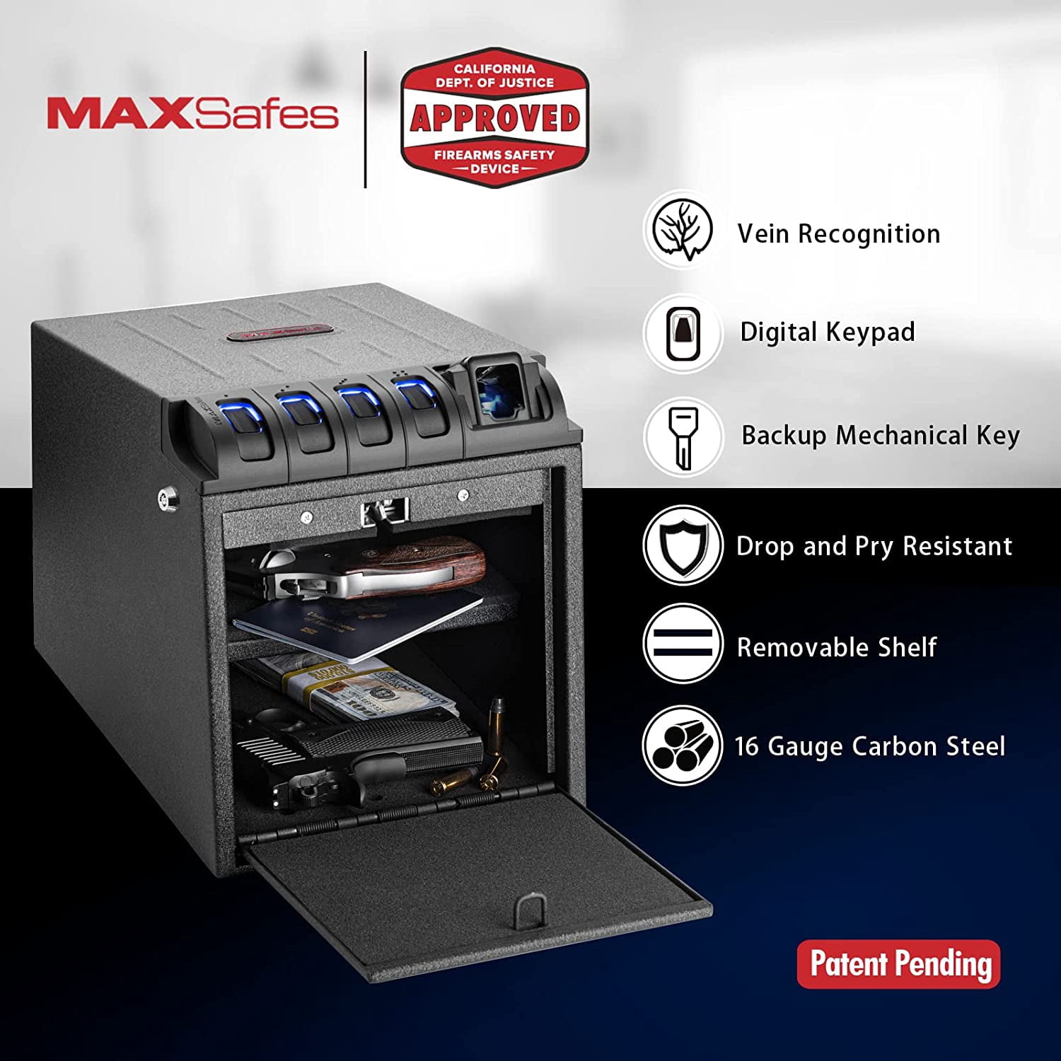 MAXSafes Two Gun Vault with Biometric Fingerprint Lock, 15.6 lbs