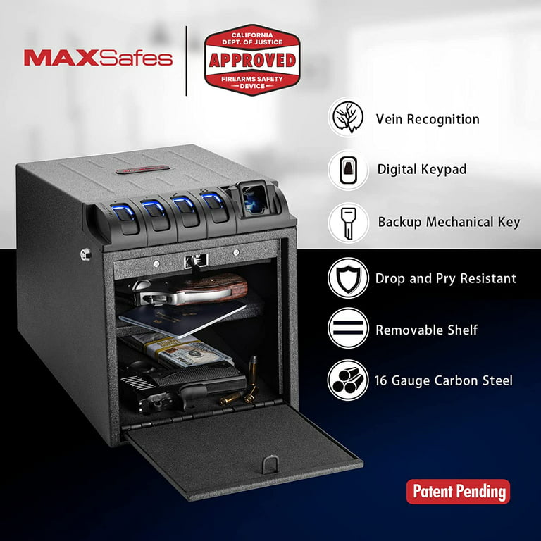MAXSafes Two Gun Vault with Super Biometric Finger Vein Recognition Lock,  Quick-Access Fingerprint Handgun Safe, High Capacity Pistol Safe for Car &  Home