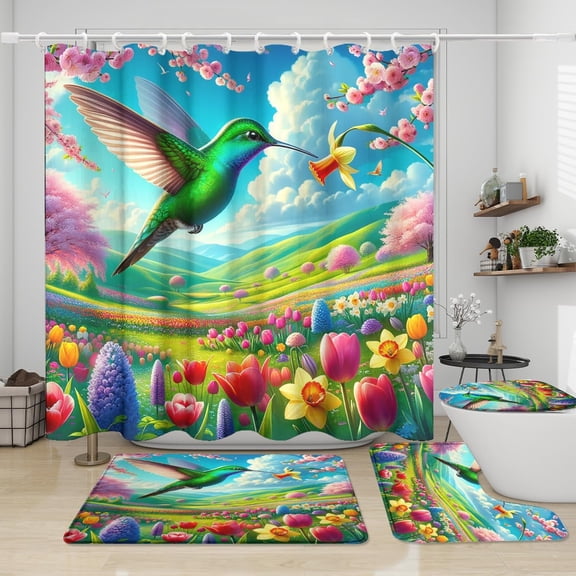 Abstract Vintage Hummingbird Shower Curtain Sets 4 Piece,Watercolor Pop Art Comics Cartoon Hummingbird Floral Bathroom Decor Sets with Rugs Include Waterproof Non-Slip Toilet Lid Cover Bath Mat