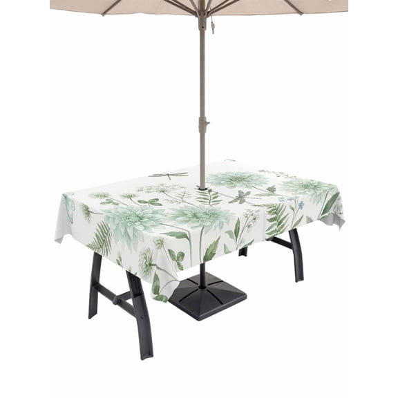 Outdoor Tablecloth with Umbrella Hole for Patio/Picnic/Party/Camping, Watercolor Flower Waterproof Table Cloth Rectangle Table Cover Washable, Spring Dragonfly Dandelion Floral Green (52"x 70")