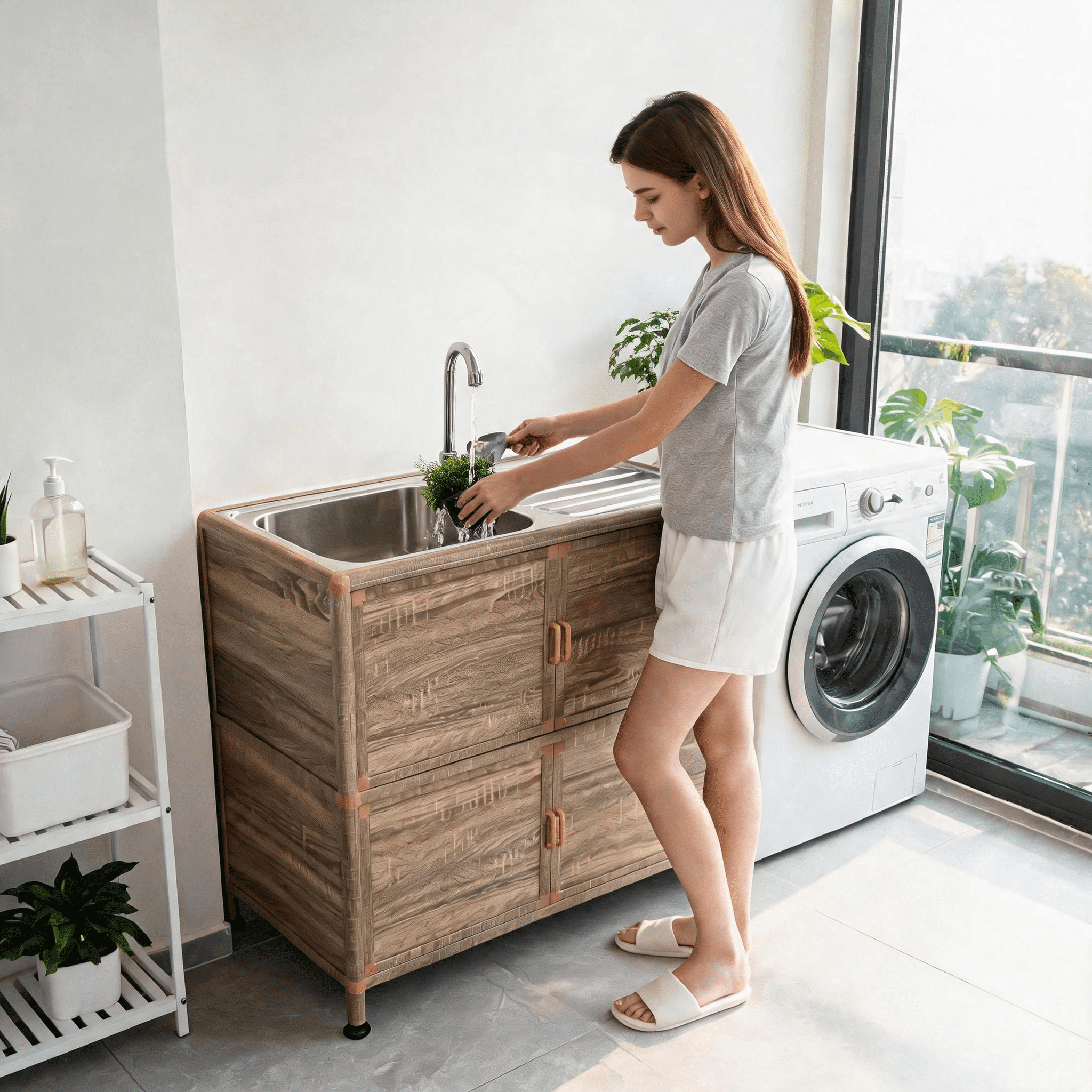 Utility Sink with Cabinet, Freestanding Utility Sink, Laundry Room Sink Cabinet, Outdoor Sink Station, Stainless Steel Utility Sink (32.68" D x 16.93" W x 33.27" H)