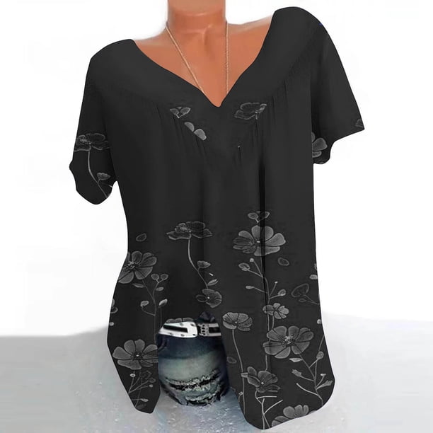 Fiudx Camisas de Mujer Blusa Estampada de Manga Corta con Cuello En V para Mujer Blusas Tipo Jersey