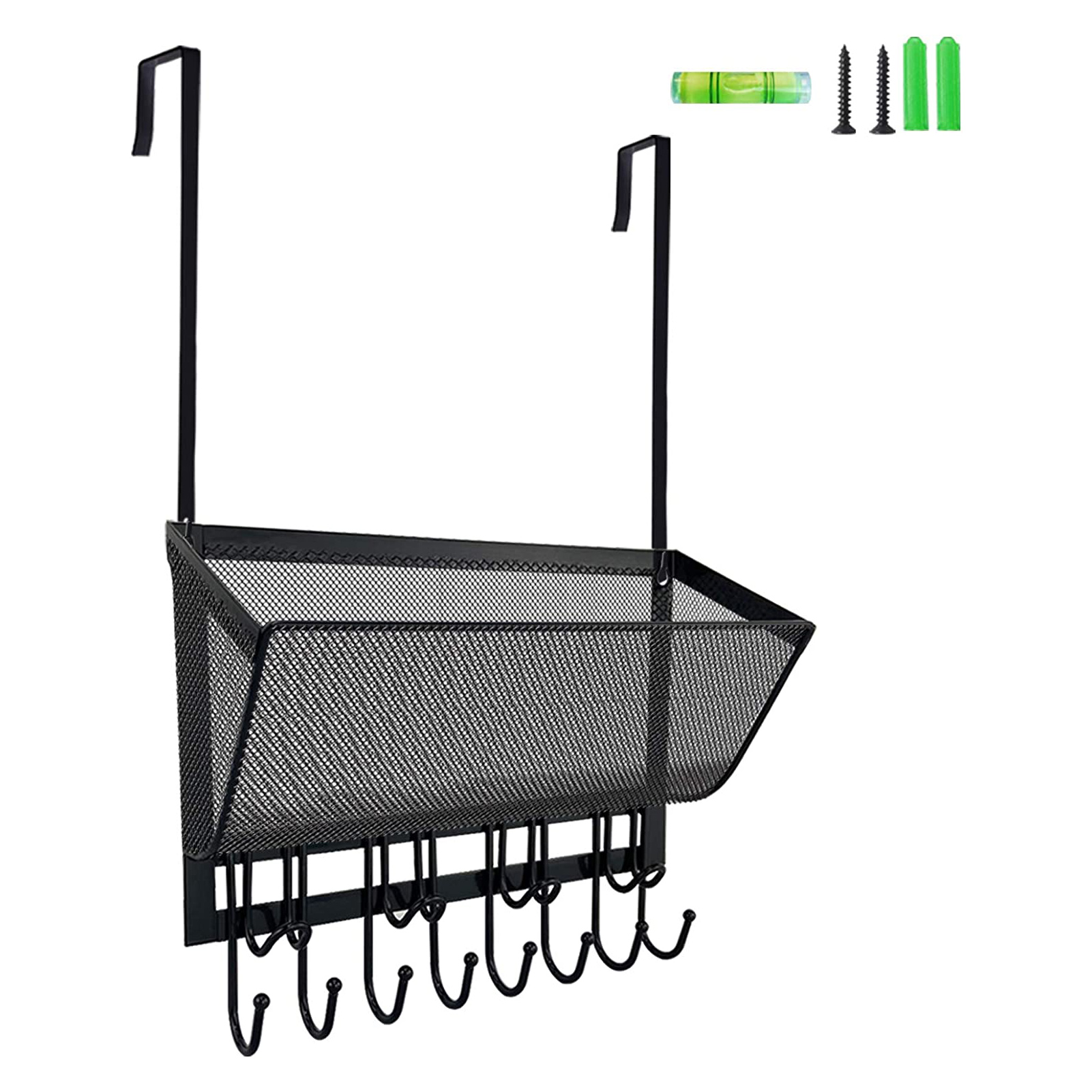 12 Hooks Over The Door Hooks Coat Rack with Wire Mesh Basket, Black