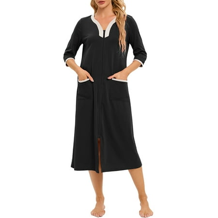 

Niuer Women Robe 3/4 Sleeve Housedress V Neck Nightgown Lightweight House Coat Floral Print Sleepwear Black 2XL