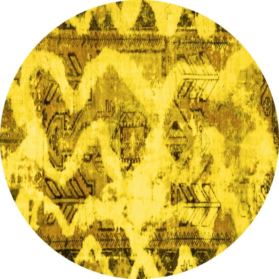 Ahgly Company Machine Washable Indoor Round Abstract Yellow Modern Area Rugs, 8' Round