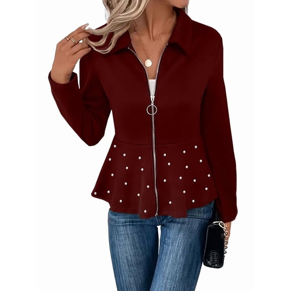 Women'S Pearl Trim Blazer Open Front Long Sleeve Shawl Collar Elegant Suits Jackets Wine Red XL