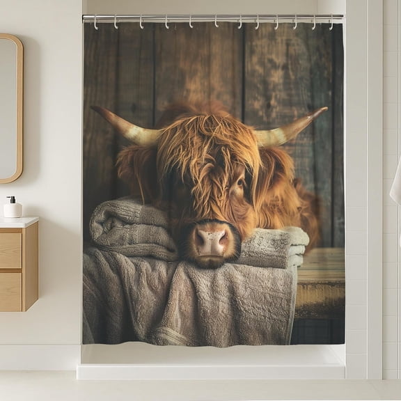 Highland Cow Shower Curtain, Rustic Farmhouse Brown Cow Bath Curtain, Vintage Bathroom Decor, Waterproof Polyester Fabric with Hooks 36"W x 72"H