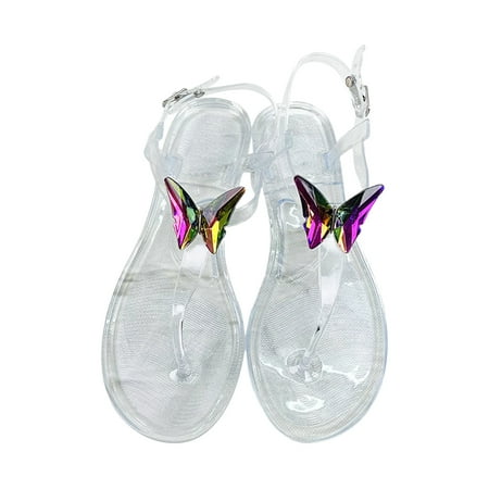 

Huanghuaa Ladies Summer Rhinestone Butterfly Jelly Clip Toe Beach Big Size Flat Transparent Sandals Women s Sandals with Arch Support