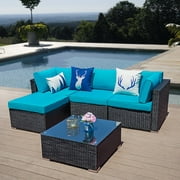 5 PCs Outdoor Furniture Sectional Sofa Set Patio Wicker Sofa, 5 Piece All-Weather PE Rattan Furniture Sets with Blue Cushion, Black