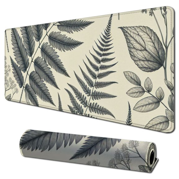 White Green Plant Flowers Mouse Pad XL Tropical Fern Botanical Leaves Extended Desk Mat m Non-Slip Rubber Base Stitched Edge Large Mousepad for Desk Gaming Laptop Desktop,