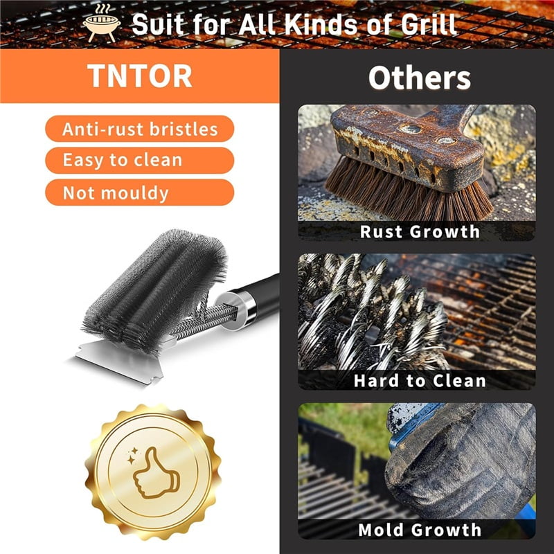 18-inch BBQ Brush and Scraper - Three rows of reinforced stainless steel bristles - Best heavy-duty outdoor BBQ brush for all types of grills - 18-inch long BBQ brush handle