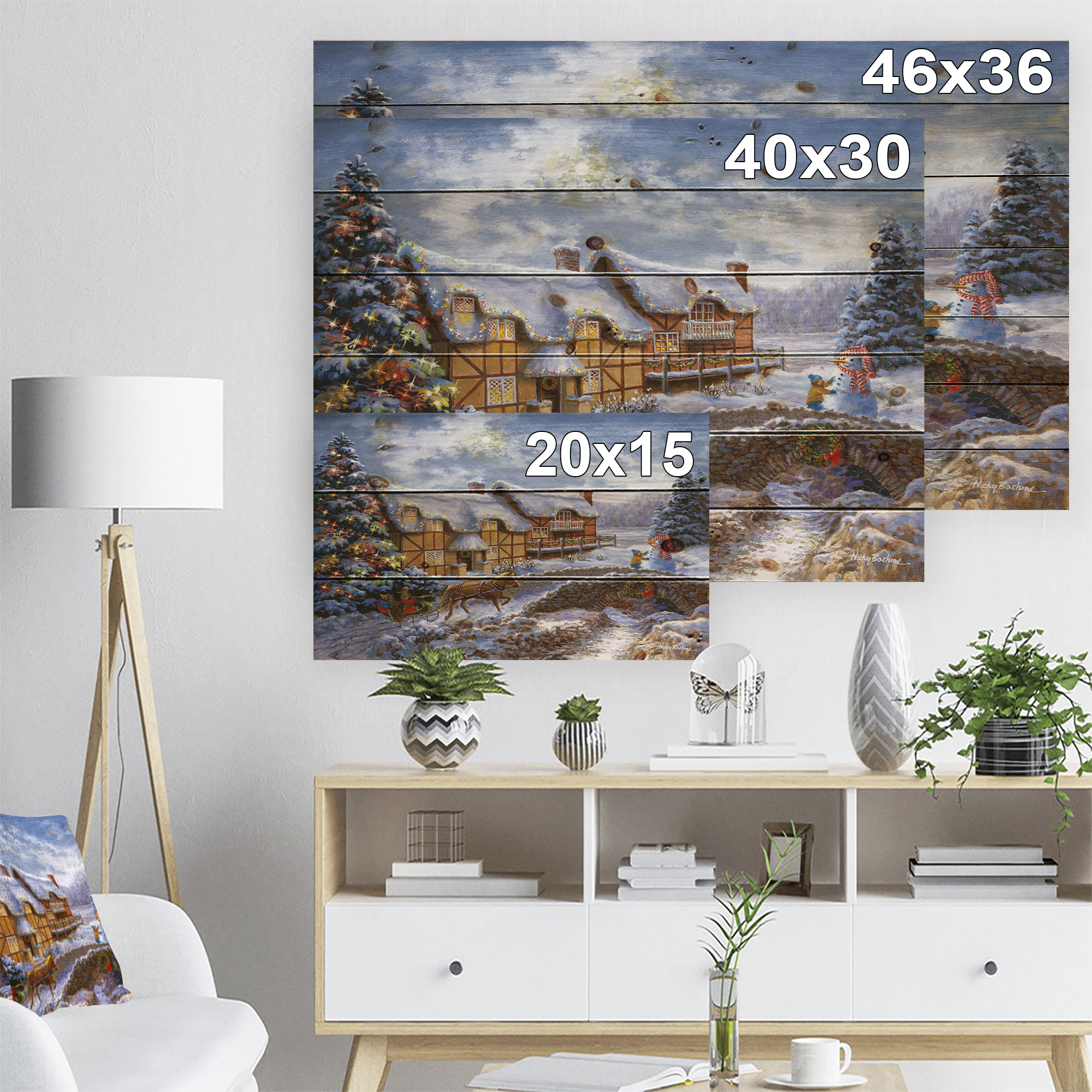 Designart 'Christmas Tree with horse and open sleigh in winter landscape' Print on Natural Pine Wood