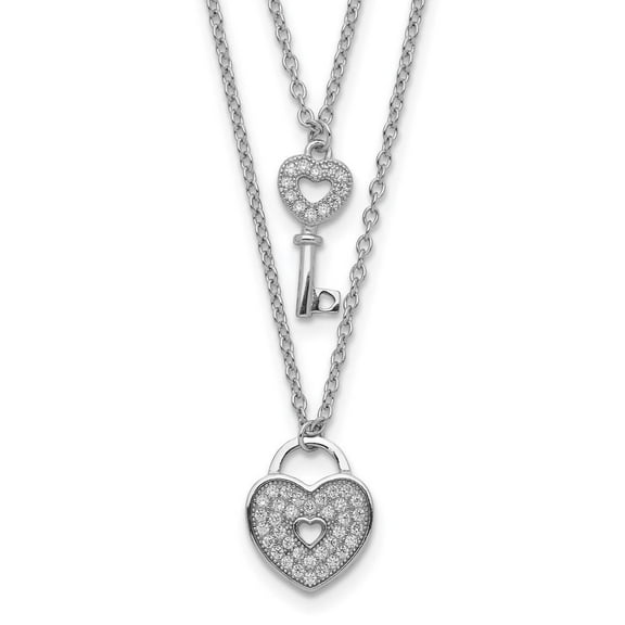 Diamond2Deal 925 Sterling Silver Rhodium-plated CZ Heart Lock Key with 2" ext. Chain Pendant Necklace Valentine Day Gift for Women 18"