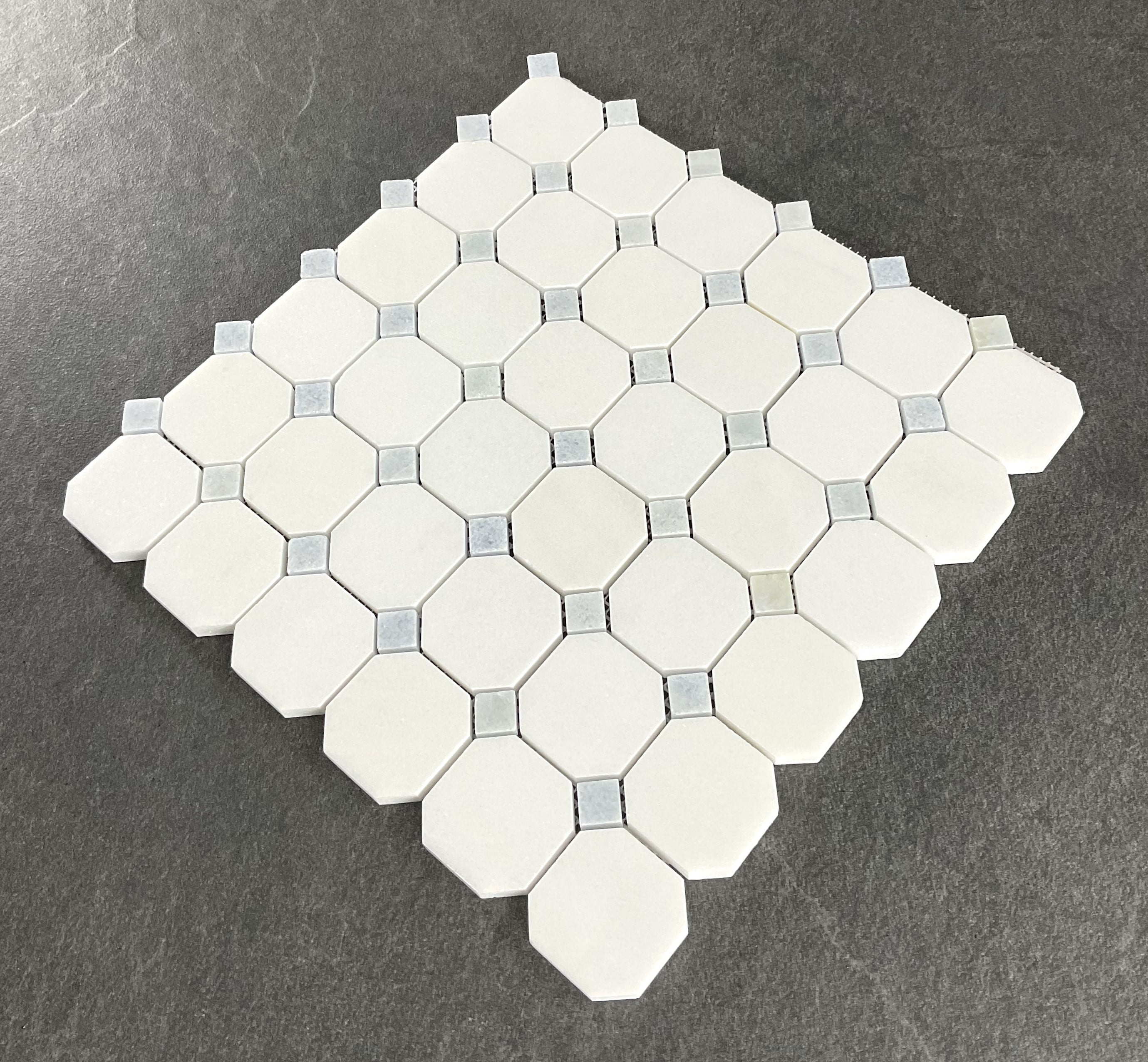 10-Pieces of Thassos White Octagon and Blue Celeste Dot Marble Mosaic Tile