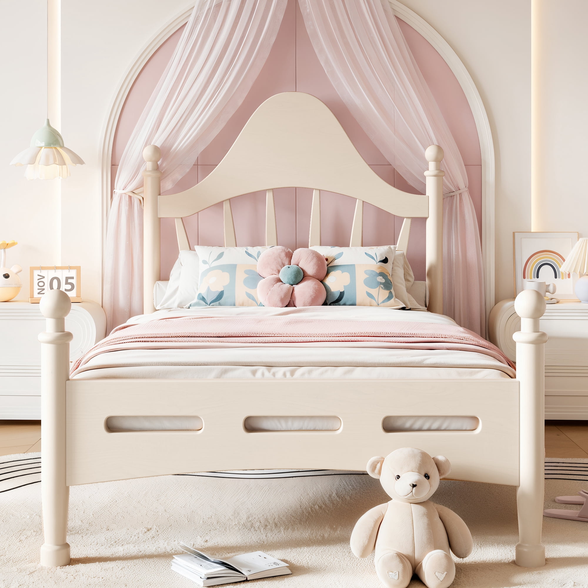 Leumius Twin Size Platform Bed with Chic Headboard, Solid Wood Bed Frame with Slatted Support, Low to Ground Design for Bedroom Beige
