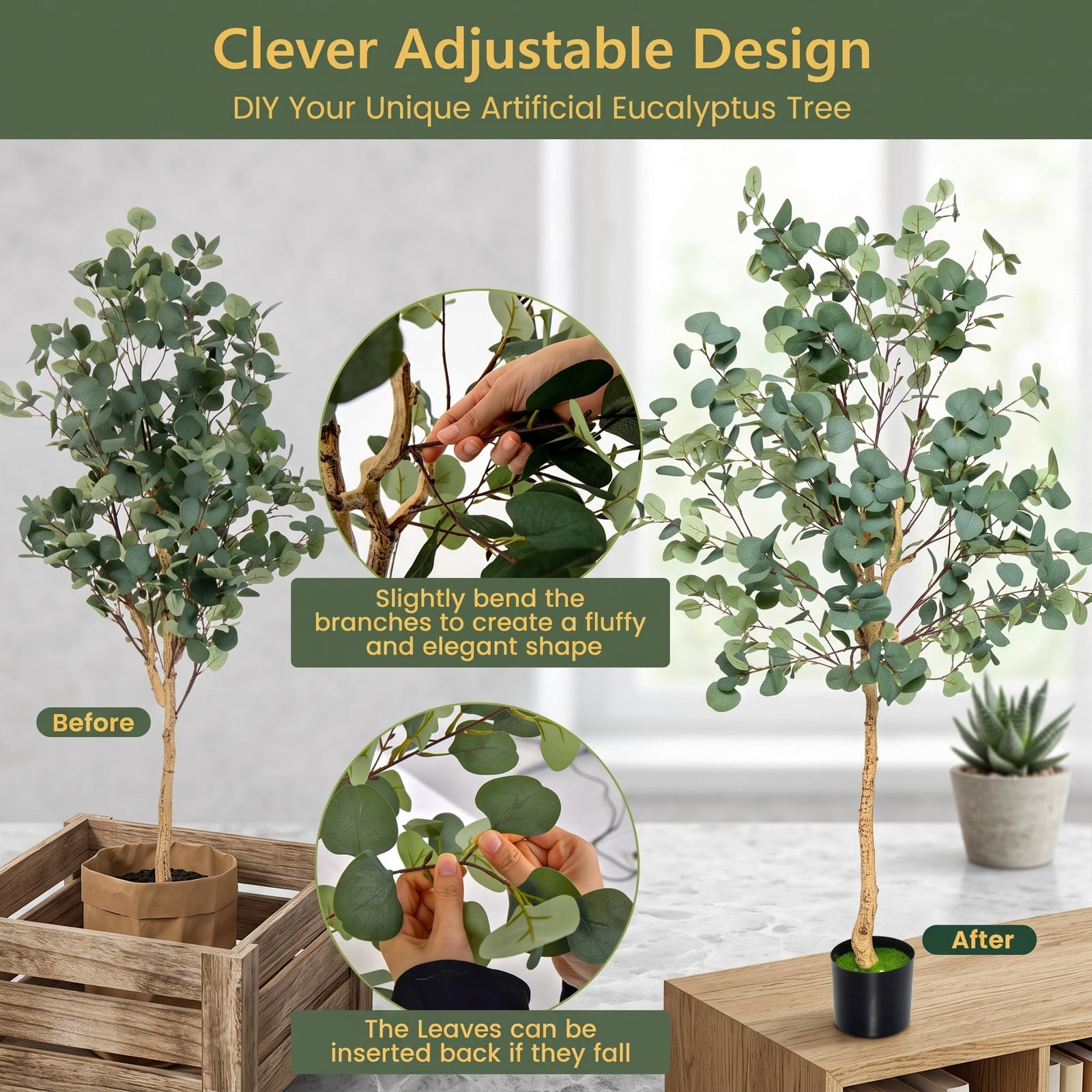 ALPULON 5.5 FT Artificial Eucalyptus Tree Set of 2, Faux Silver Dollar Tree with 517 Leaves and Cement Pot, Tall Fake Plant for Indoor Home Office Living Room, Green