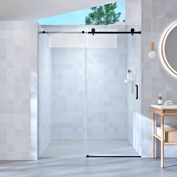 KPUY 56" - 60" x 76" Frameless Bathroom Sliding Shower Door with 1/4" Clear Explosion-proof Tempered Glass, Matte Black