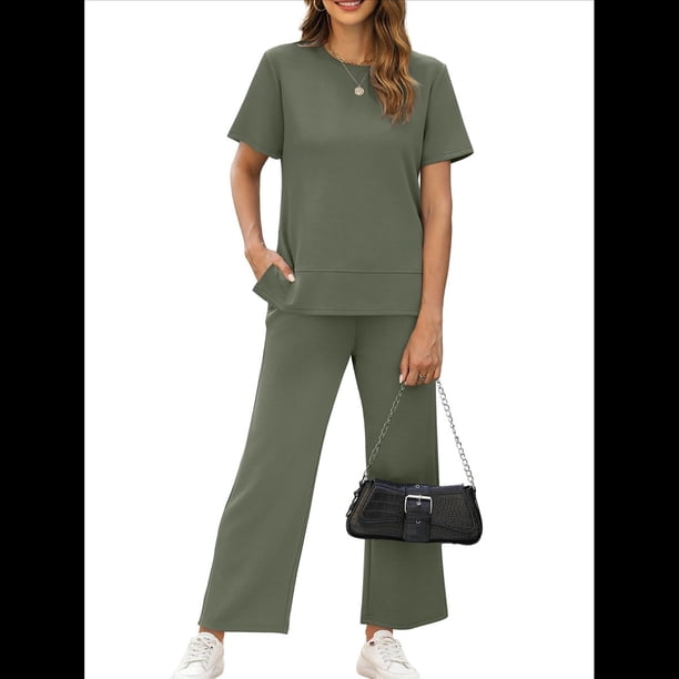 Conjunto Deportivo de Dos Piezas para Mujer, Informal, de Corta y Pantalón . Gris-Verde L