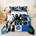 thumbnail image 2 of Castle Fairy Blue Basketball Print Full Size Comforter Sets 3-Piece, Vintage Checkered Splash Bedding Comforter Set,Black Reversible,1 Comforter and 2 Pillowcases, 2 of 6