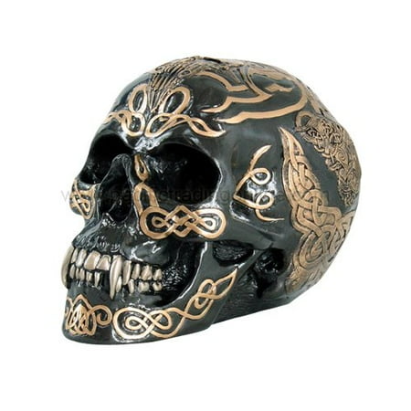 - 7 Inch Black and Gold Color Celtic Pattern Skull Statue Figurine