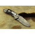 thumbnail image 2 of 7 Inch Long Hand forged Damascus steel folding knife, Natural Bull Horn scale with Damascus bolster, Equipped with Liner lock and thumb knob, Cow hide Leather sheath (Bull Horn) (Bull Horn), 2 of 9
