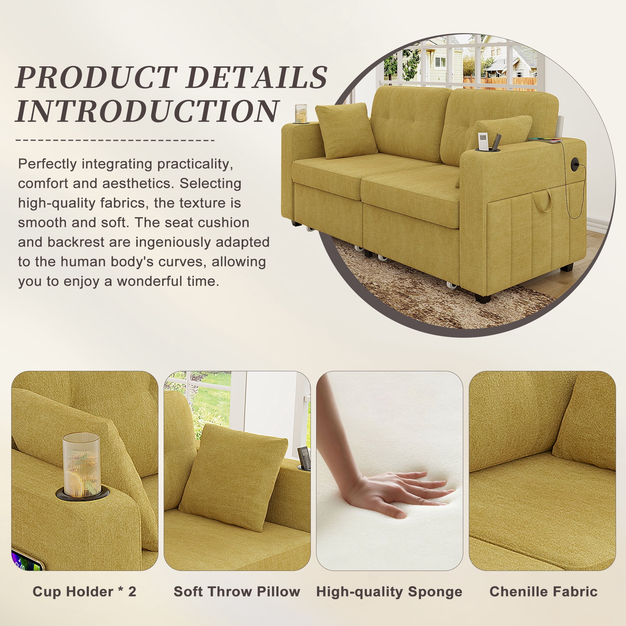 68" Chenille Two Seater Couch, Living Room Loveseat with Usb Charging, Upholstered Loveseat with Storage for Living Room, Mustard yellow