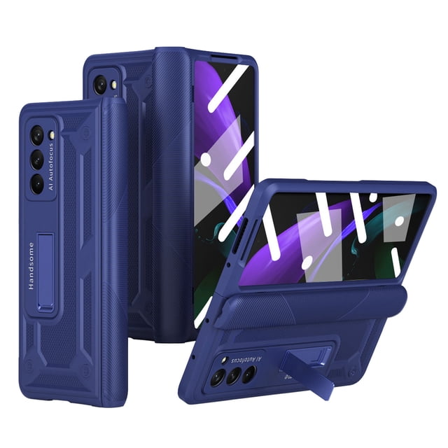 for Samsung Galaxy Z Fold 2 2020 Heavy Duty Case, Tempered Glass Screen Protector Hinge Protction Hidden Magnetic Kickstand All-inclusive Case for Galaxy Z Fold 2 7.6 inch,Purple
