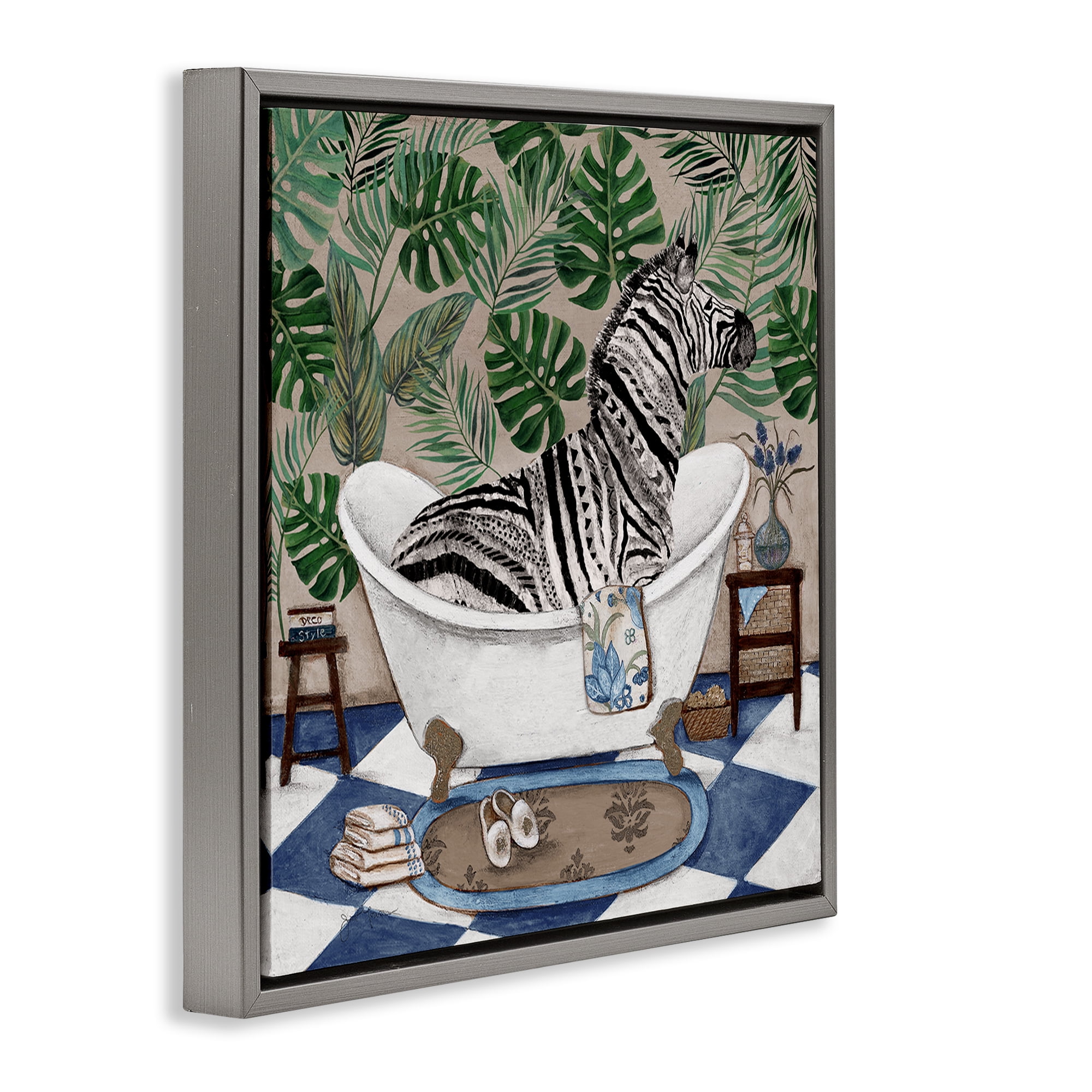 Stupell Industries Zebra in Tropical Bathtub Gray Framed Floater Canvas Wall Art, design by Janet Tava