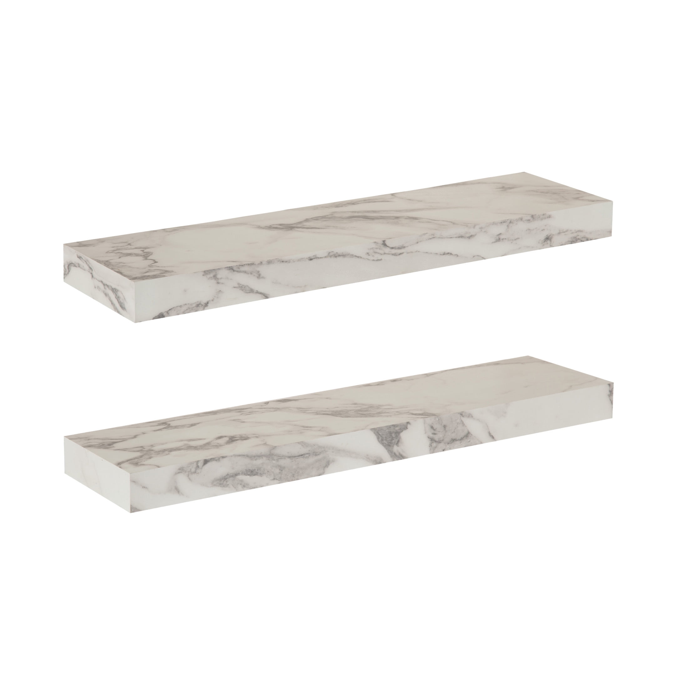 Kate and Laurel Havlock Modern Faux Marble Floating Shelves, Set of 2, 22 x 6, White, Transitional Functional Bathroom and Kitchen Shelves for Dorm Storage or Apartment Decor