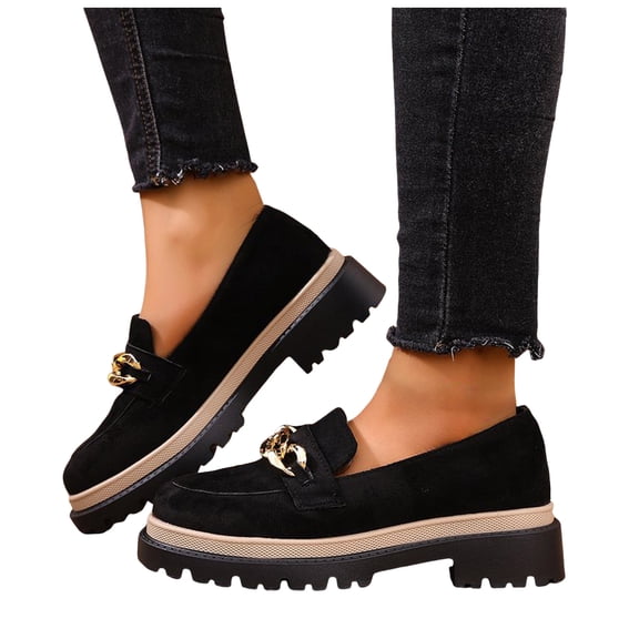 Rokment Women's Penny Loafers Classic Fashion Chain Ornament Platform Chunky Block Heels Slip on Oxfords Walking Dress Shoes for Spring Fall Black Size 6.5