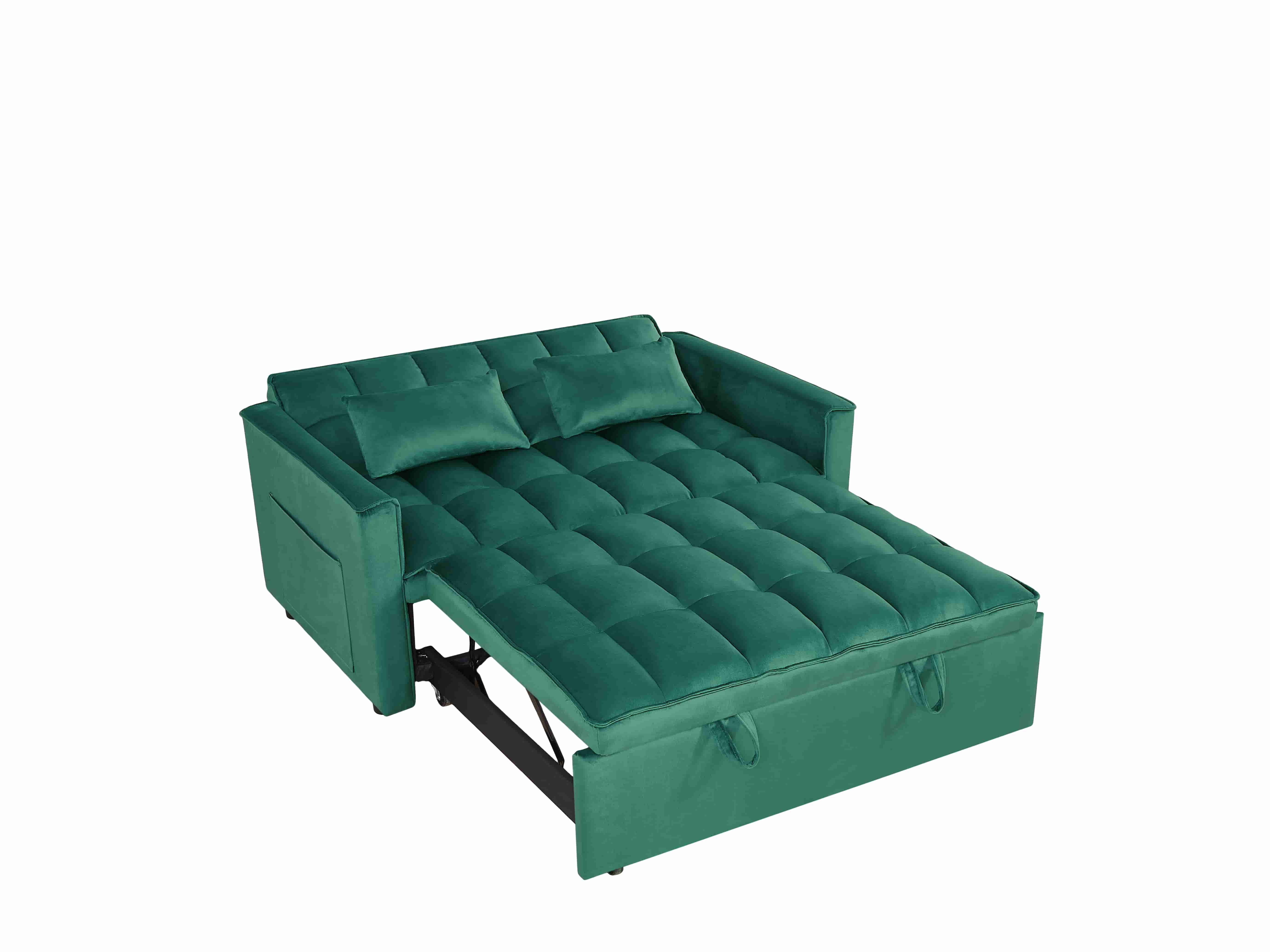 BSHTI 54-inch Pull-out Sleeper Sofa Bed, Velvet Upholstery, Solid Wood Frame, 3-Angle Adjustable Backrest, Storage Side Pocket, Twin-Size Bed, Green