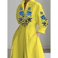 thumbnail image 2 of Women's Floral Embroidered Shirt Maxi Dress, 3/4 Sleeve Collared Waisted A-Line Dress with Pockets Bohemian Ethnic Printed Beach Party Long Flowy Dress, 2 of 3