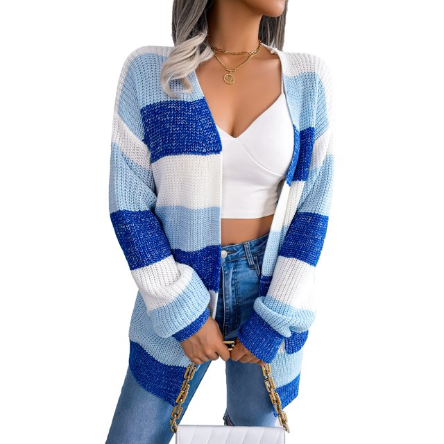 Cárdigan frontal abierto para mujer, bloque de color a rayas, suéter de punto de manga larga, abrigos para otoño invierno, azul S